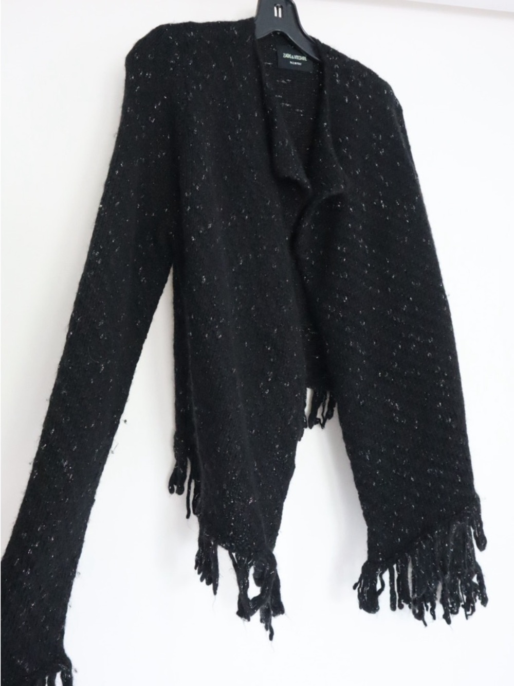 Zadig & Voltaire Black Speckled Fringe Knit Poncho Sweater - Picture 2 of 5